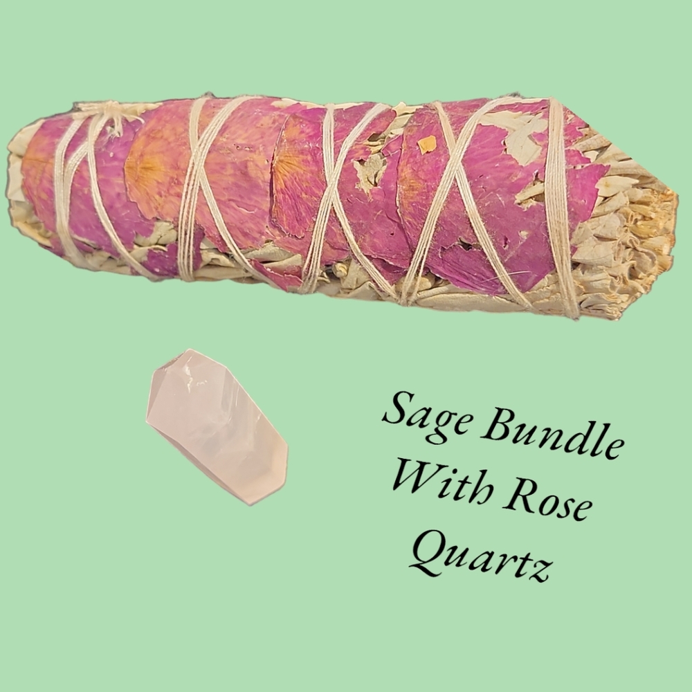 Romance Sage Bundle has dried rose petals with Rose Quartz mini tower - Picture 1 of 6